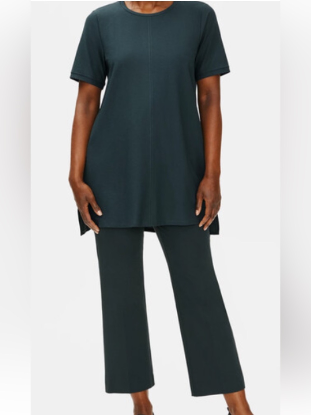 Eileen Fisher Tunic T Shirt Size M Pine/Forest Green Crepe Stretchy Luxury